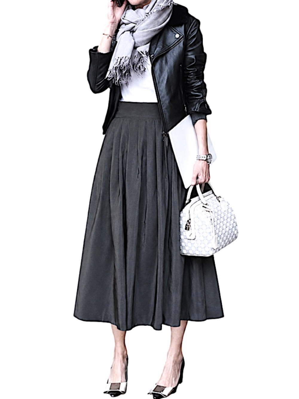 CALVIN KLEIN Black Full Gathered Skirt M/L Pockets Lined Midi Capsule Minimalist